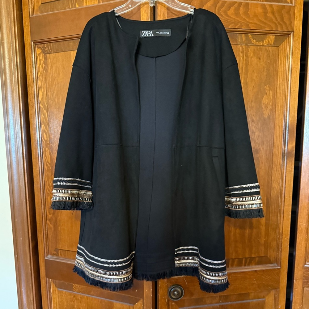 Zara Black Embroidered Open-Front Jacket with Fringe Details